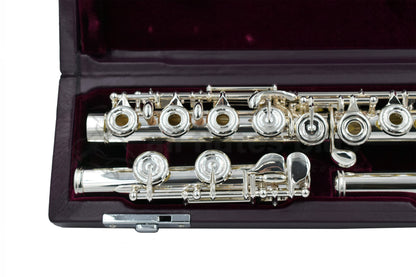 Miyazawa MJ25 inside burgundy velvet lines hard case showing C footjoint and right hand mechanism