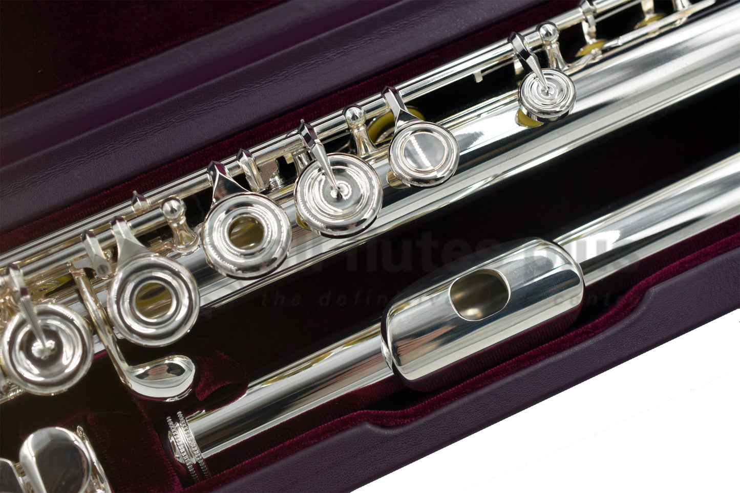 Miyazawa MJ25 inside burgundy velvet lined hard case showing headjoint embouchure and left had mechanism
