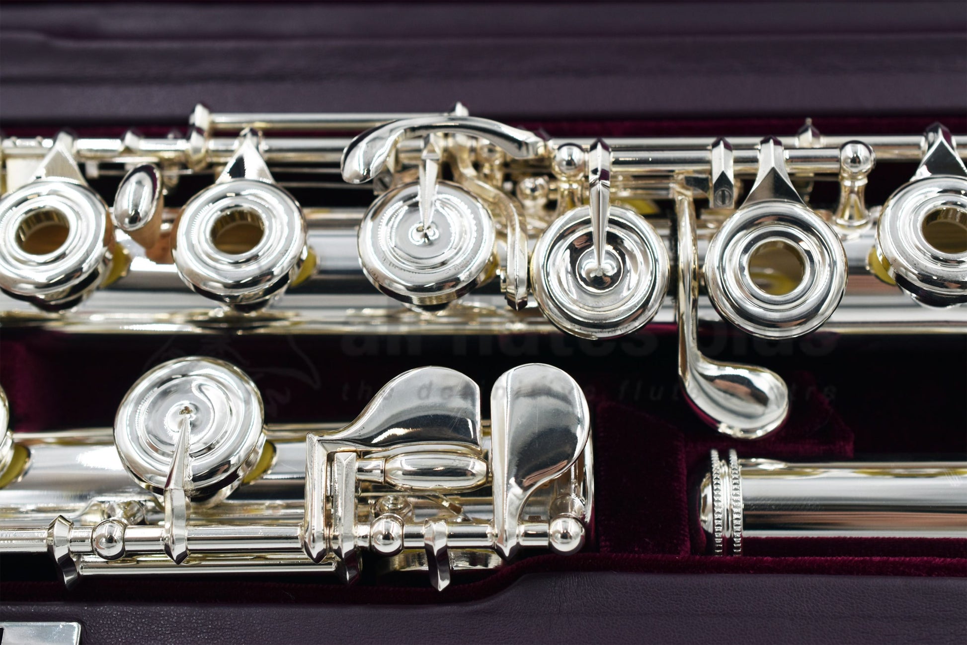 Miyazawa MJ25 Flute inside burgundy velvet lined hard case showing G key mechanism and footjoint keywork