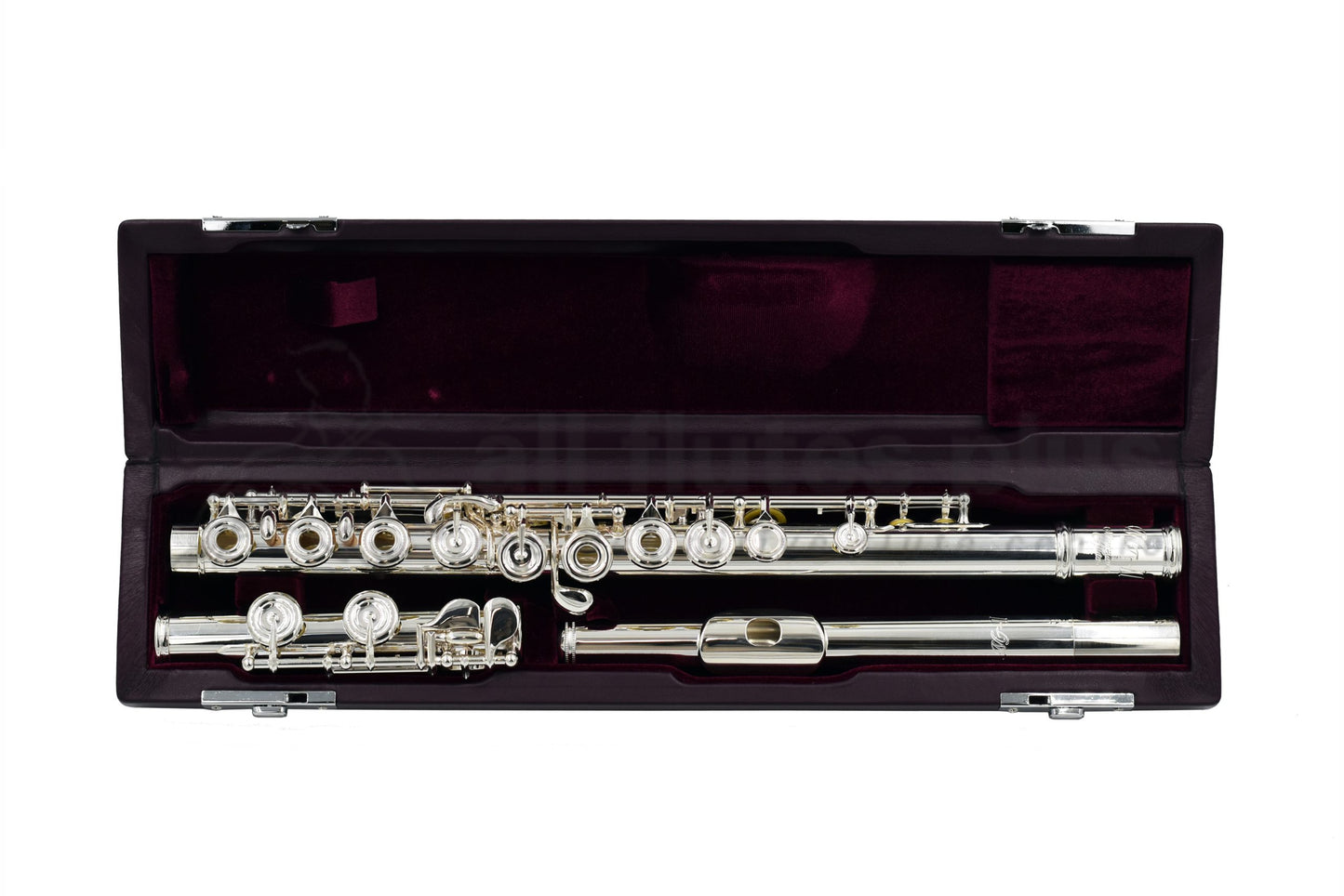 Miyazawa MJ-25 flute set in a case with silver-plated headjoint, body, and mechanism, featuring an open hole configuration and French style pointed key-arms.