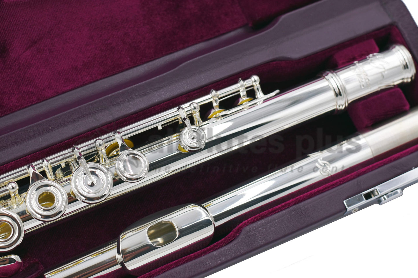 Close up of Miyazawa MJ - II Flute in plum velvet lined hard case