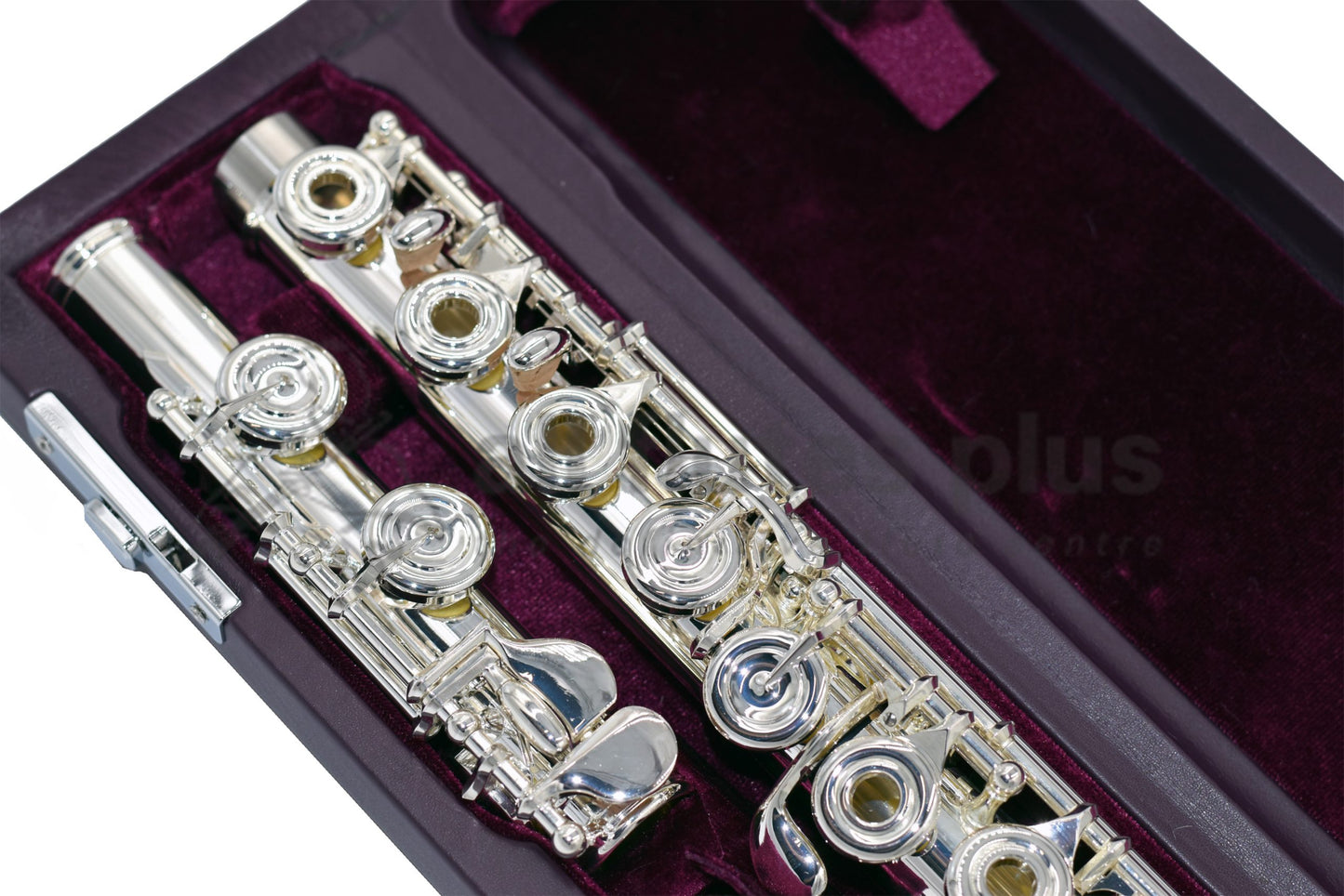 Close up of Miyazawa MJ - II Foot joint and right hand mechanism in plum velvet lined hard case