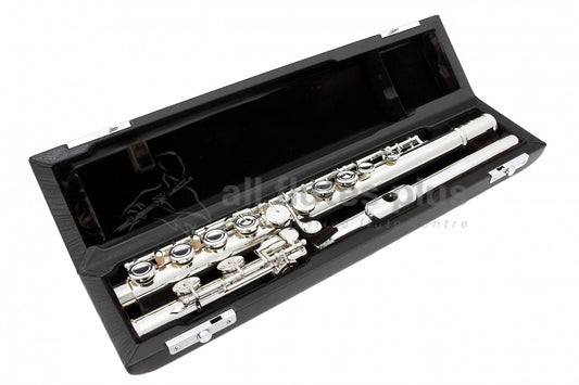 Miyazawa PB202 flute with silver headjoint and silver-plated body, displayed in an open case.