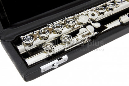 Miyazawa 202 flute in an open black case showing the c foot joint and right hand mechanism.