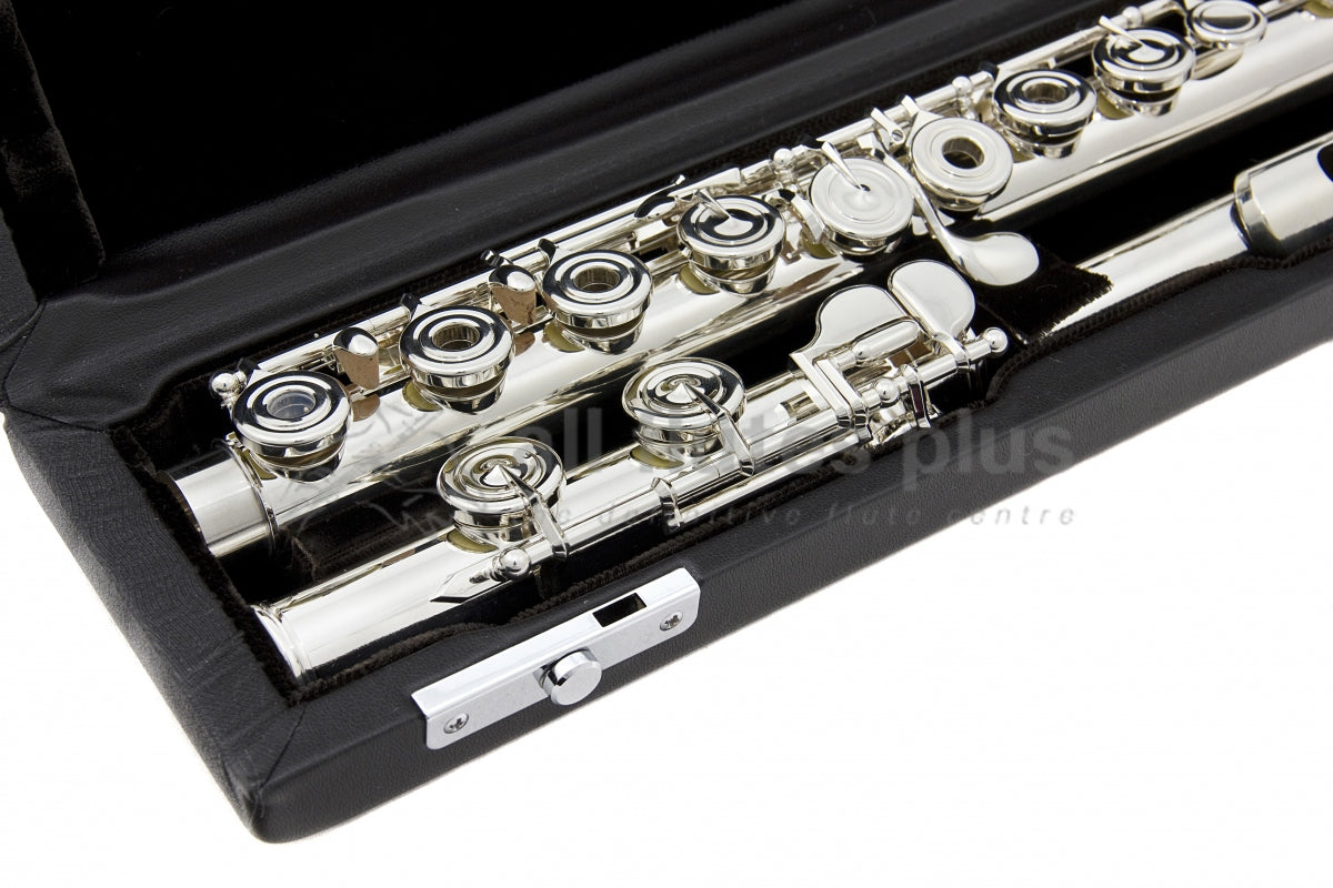 Miyazawa 202 flute inside black velvet lined hard case showing foot joint and body tube mechanism