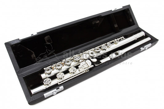 Miyazawa PB402 flute with open holes, silver headjoint, b footjoint, displayed in its black case.