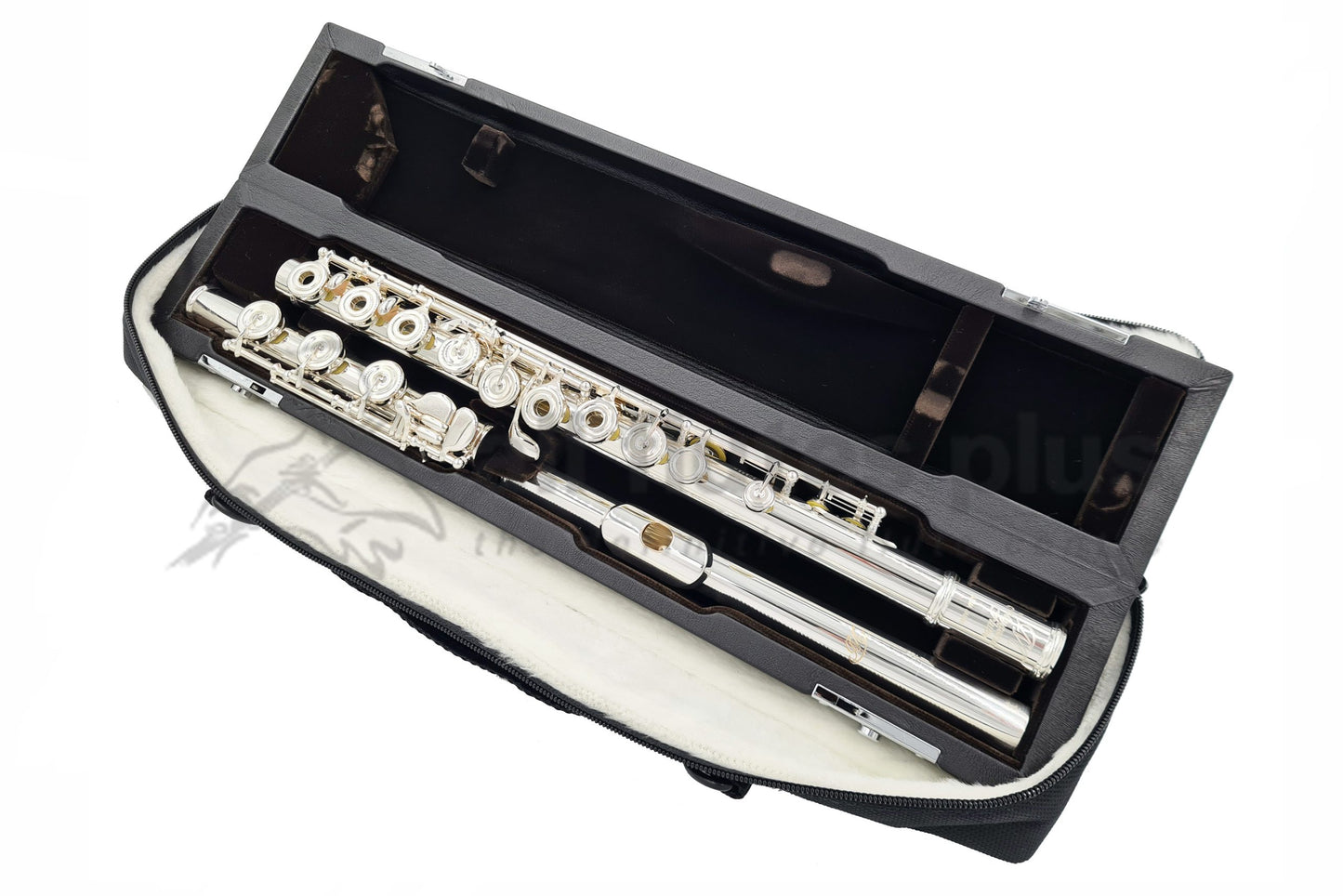 Miyazawa PB603 Flute lying in black velvet lined hard case resting inside an open case cover 