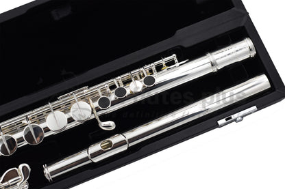Miyazawa ST Alto flute lying in black velvet lined hard case showing the headjoint and top half of the body joint