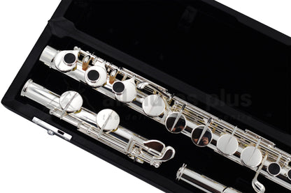 Miyazawa ST Alto Flute lying in black velvet lined hard case showing the foot joint and bottom half of the body joint.