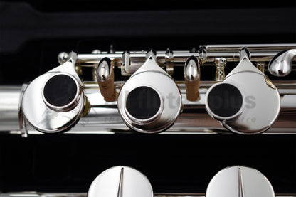 Close up of Miyazawa ST Alto flute right hand mechanism specifically the grenadilla wood touch pieces