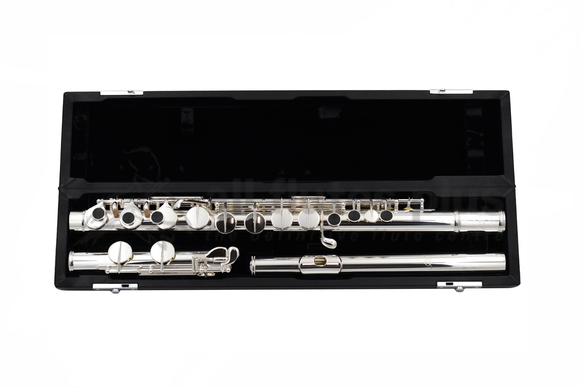 The Miyazawa ST Alto Flute in an open black hard case velvet lined displaying the silver headjoint, silver body tube and silver plated mechanism and grenadilla wood key pieces
