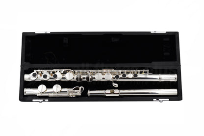 The Miyazawa ST Alto Flute in an open black hard case velvet lined displaying the silver headjoint, silver body tube and silver plated mechanism and grenadilla wood key pieces