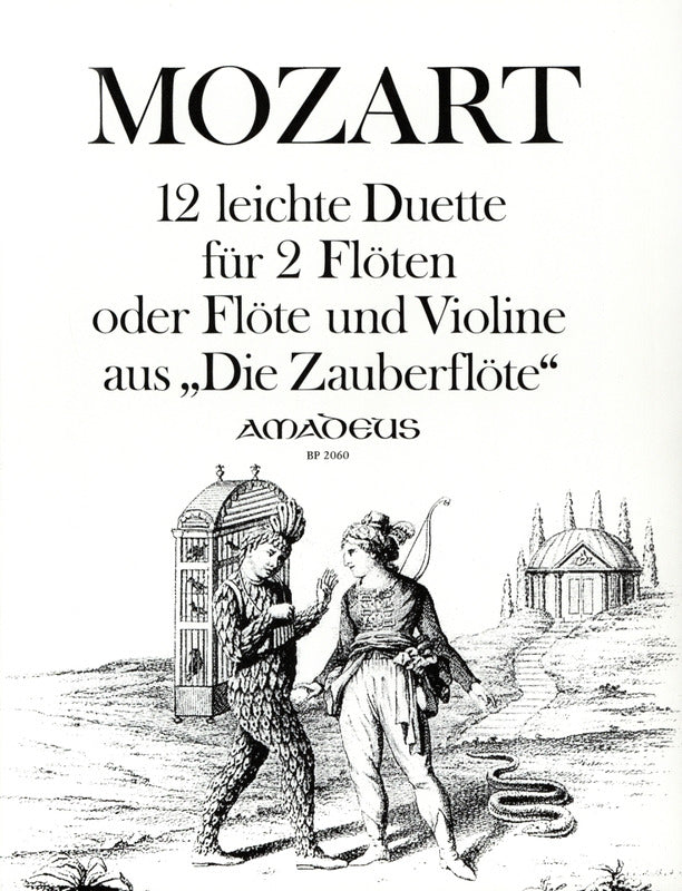 Sheet music cover for Mozart duets with illustration of two figures and a castle.