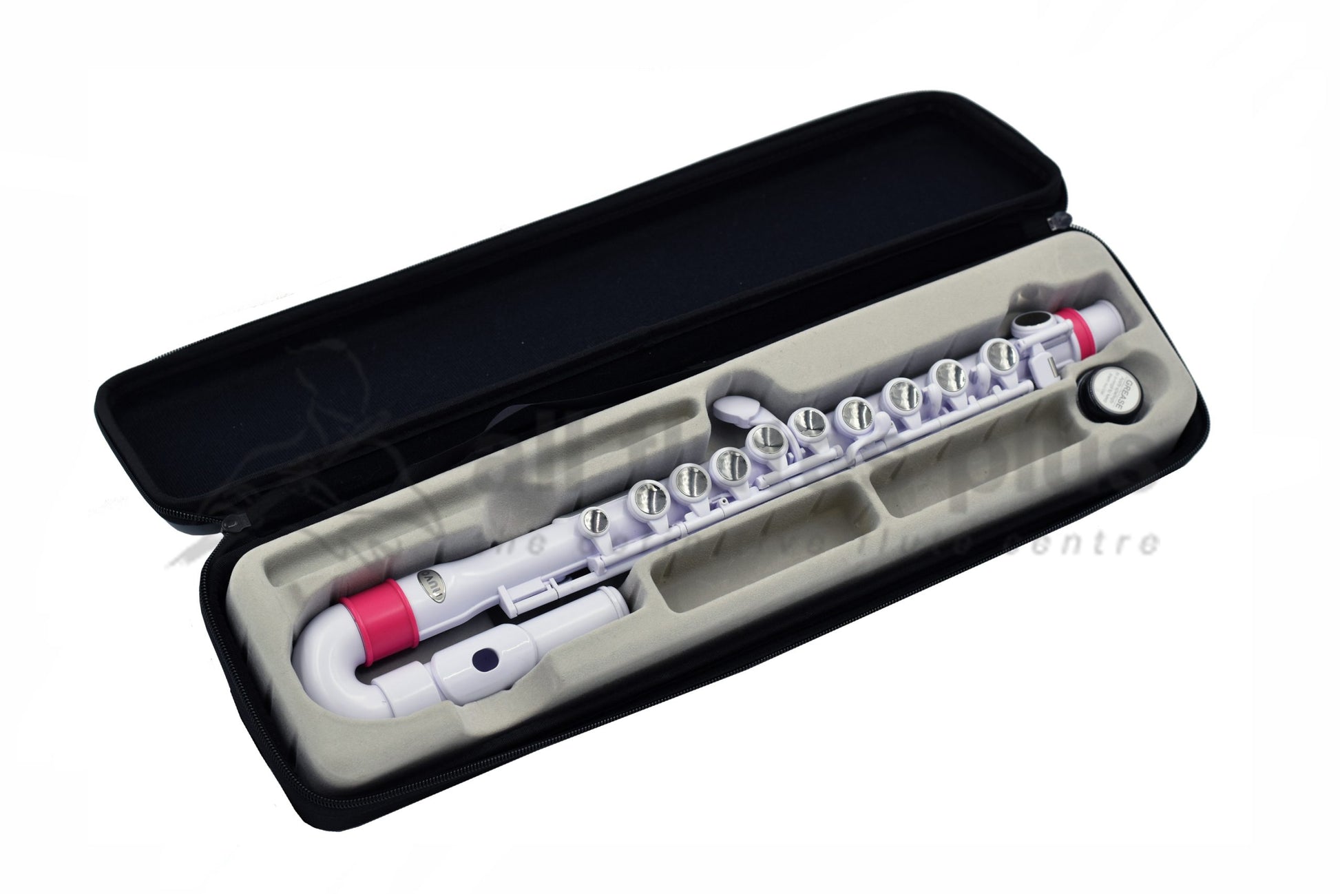 A Nuvo JFlute with a white and pink color, displayed inside an open black case.