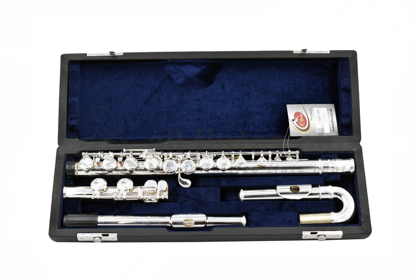 Odyssey Debut Flute with both curved and straight head joints, displayed in an open case with a blue velvet interior.
