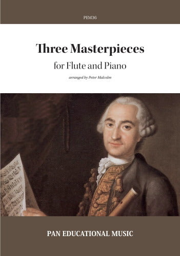 Sheet music cover for 'Three Masterpieces for Flute and Piano' with a portrait of a classical composer on a brown background.