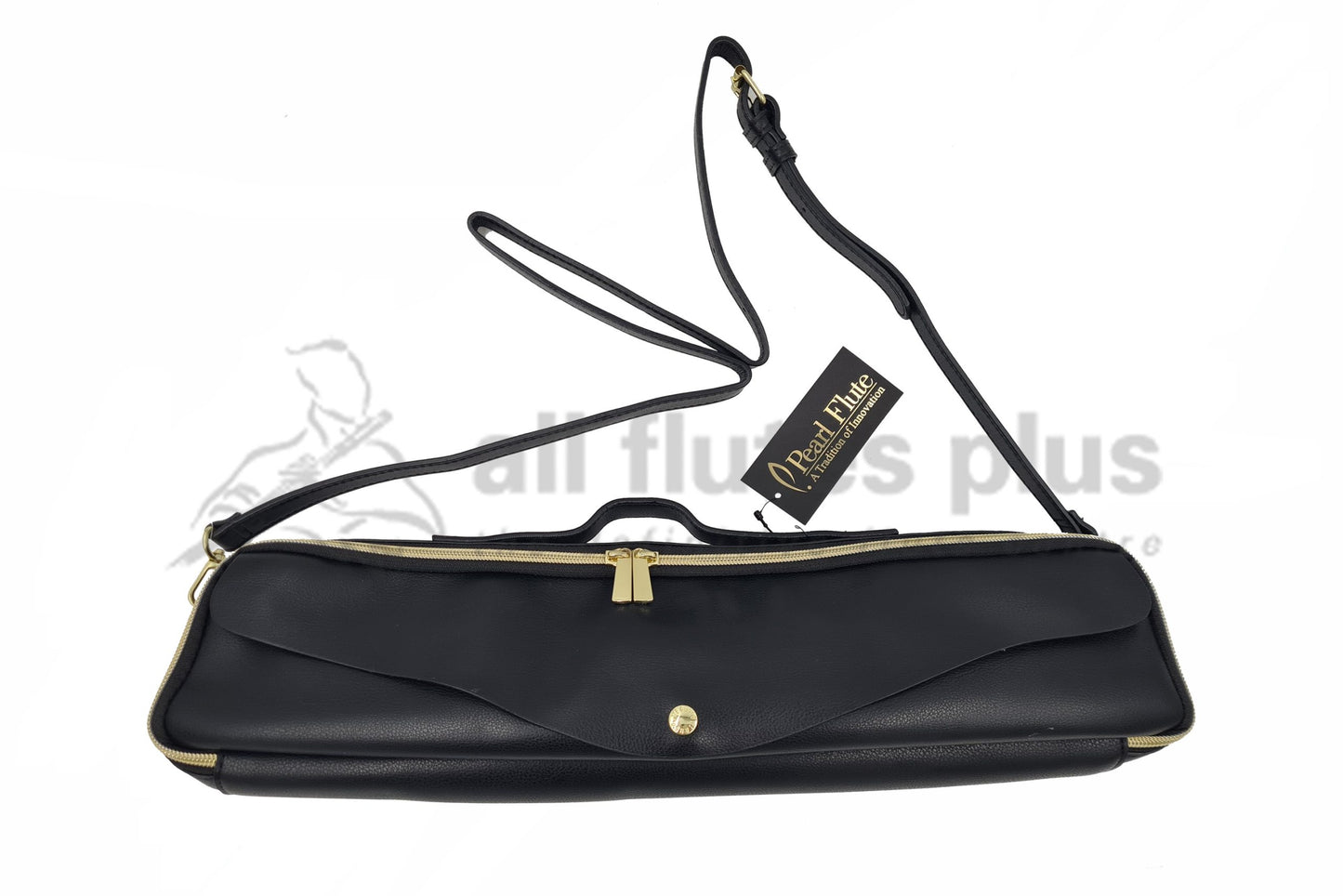 Pearl Legato B Foot Flute Case, synthetic leather with a smooth black finish, gold logo snap on the pocket, and an adjustable black strap.