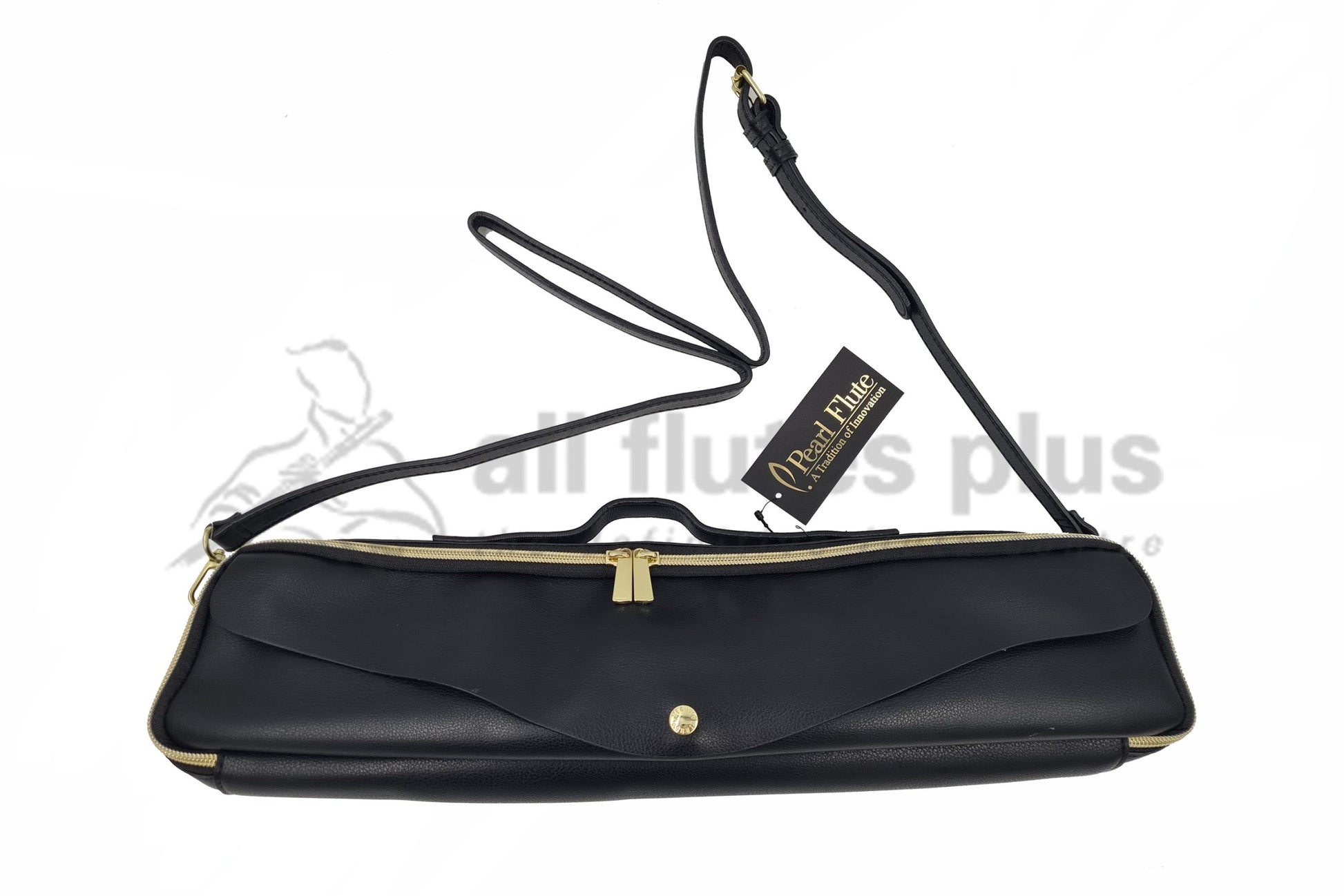 Pearl Legato B Foot Flute Case, synthetic leather with a smooth black finish, gold logo snap on the pocket, and an adjustable black strap.