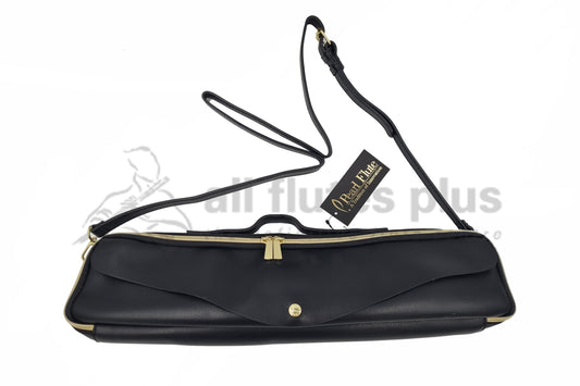 Pearl Legato B Foot Flute Case, synthetic leather with a smooth black finish, gold logo snap on the pocket, and an adjustable black strap.