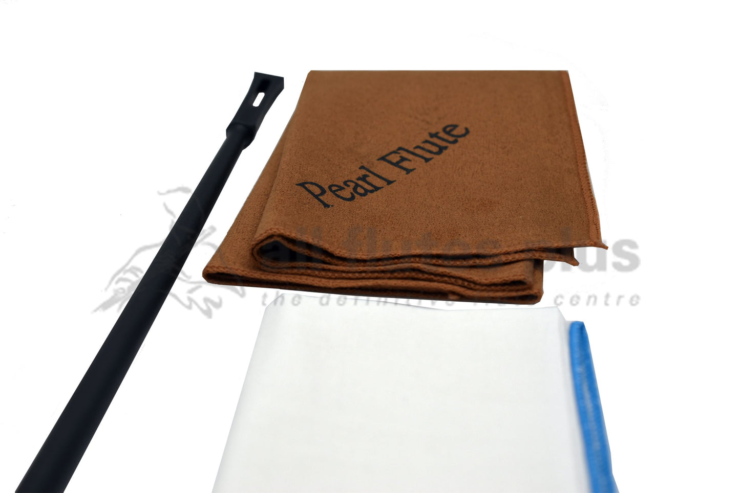 Close up of Pearl cleaning cloth and pull through cleaning supplies for flute