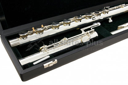 Pearl bass flute close up of footjoint and body tube, set inside the black flute case