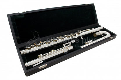 Pearl PFB305 Bass Flute in an open case with silver plated headjoint, body and keys.