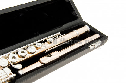 Powell handmade conservatory 9k aurumite flute close up of headjoint, left hand body tube and keywork, displayed in its open flute case