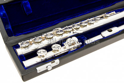 Powell handmade conservatory silver flute close up of right hand open hole keywork, body tube and footjoint mechanism, displayed in its open flute case  