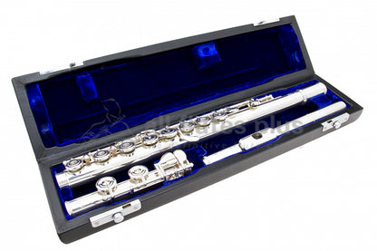 Powell handmade conservatory silver flute displayed in an open case with a blue velvet interior.