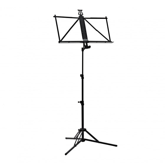 Black music stand with adjustable height on a white background