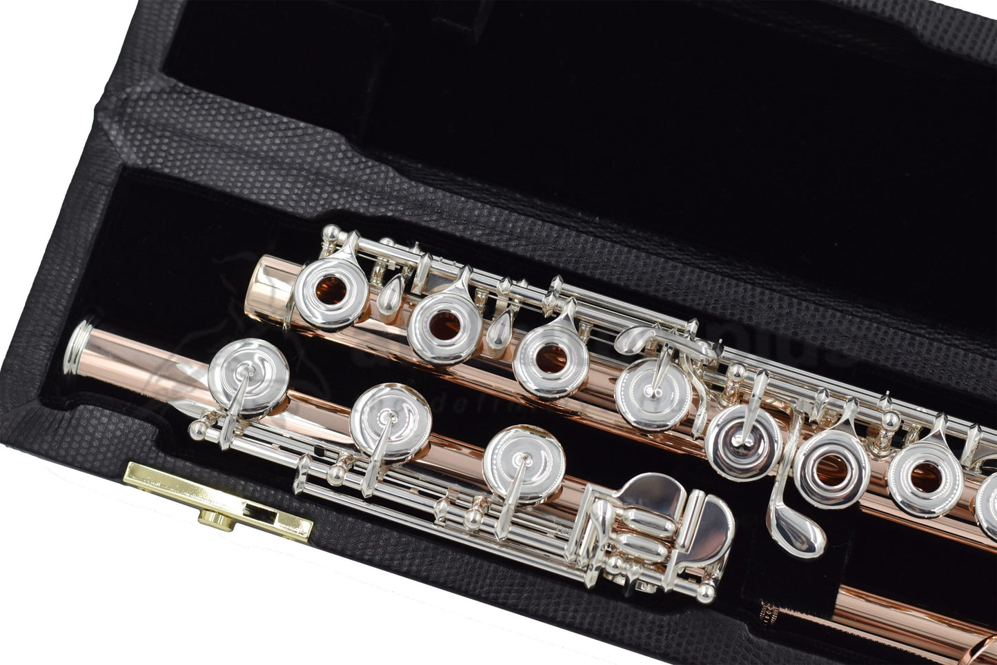 Sankyo 10K-2 gold flute close up of right hand open hole keywork, body tube and footjoint mechanism, displayed in its open flute case  