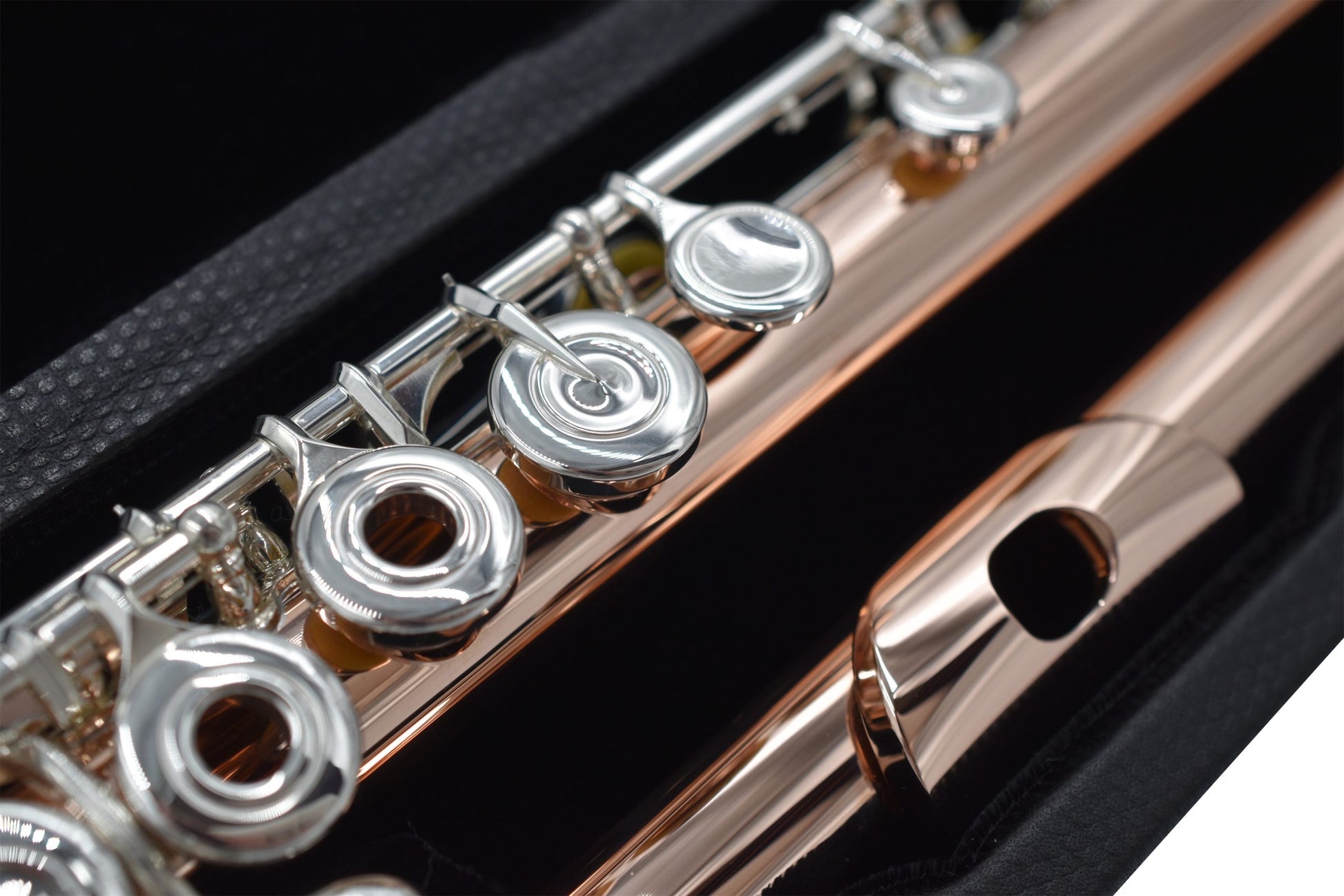 Sankyo 10k-2 gold flute close up of headjoint, lip plate and some open hole left hand keywork
