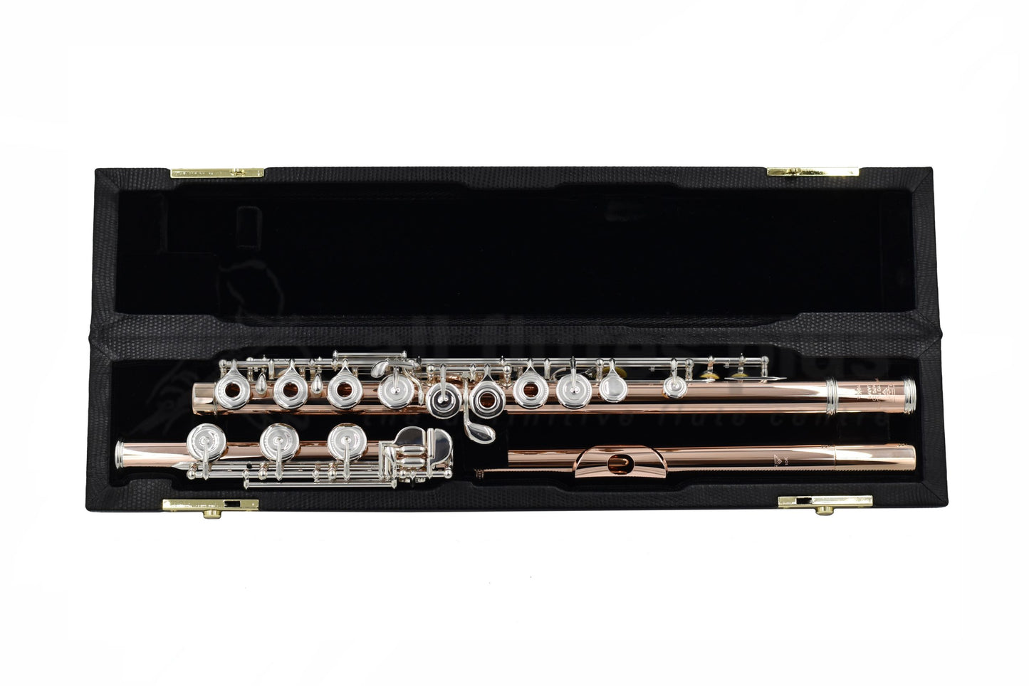 Sankyo 10K-2 flute displayed in its open flute case with black interior 