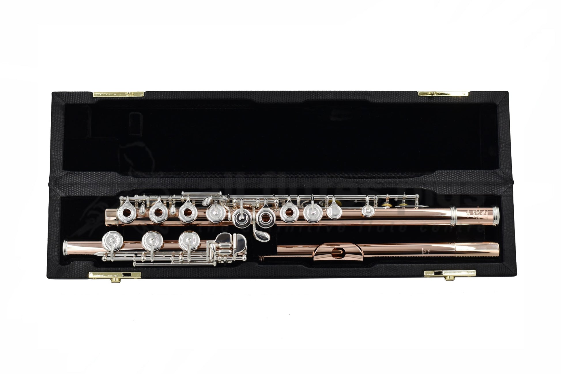 Sankyo 10K-2 flute displayed in its open flute case with black interior 