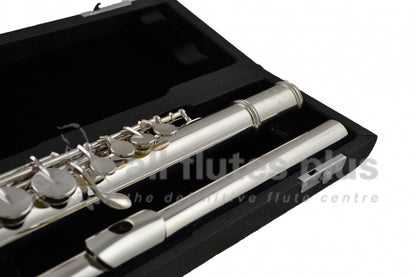 Sankyo Af201 Alto flute close up of headjoint, left hand body tube and keywork, displayed in its open flute case