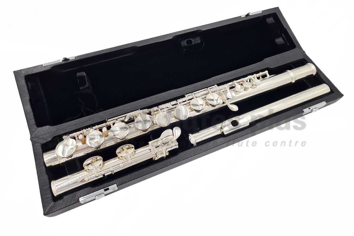 Sankyo AF201 Alto Flute with silver headjoint and silver-plated body, displayed in its case.