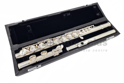Sankyo AF201 Alto Flute with silver headjoint and silver-plated body, displayed in its case.