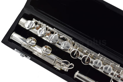 Sankyo AF301S Alto flute close up of right hand closed hole keywork, body tube and C footjoint mechanism, displayed in its open flute case  