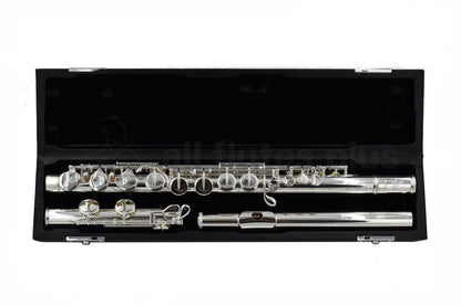 Sankyo AF301S Alto Flute, displayed in its case, showcasing the flute, key mechanisms, and headjoint.