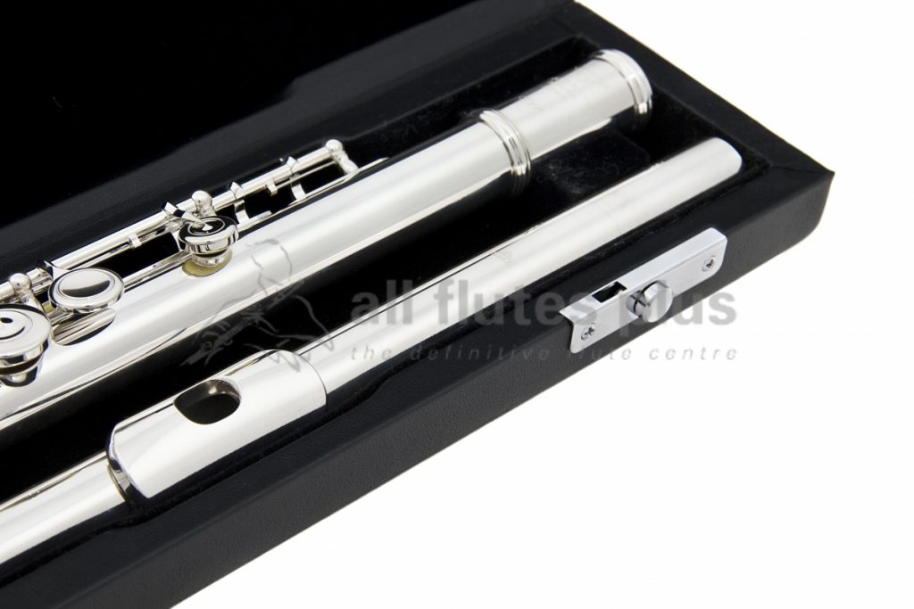 Sankyo CF401 Flute close up of headjoint, left hand body tube and keywork, displayed in its open flute case