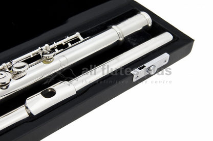 Sankyo CF401 Flute close up of headjoint, left hand body tube and keywork, displayed in its open flute case