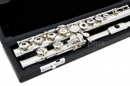 Sankyo CF401RE Flute close up of right hand open hole keywork, body tube and C footjoint mechanism, displayed in its open flute case  