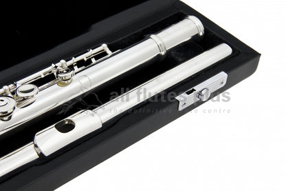 Sankyo CF501 Flute close up of headjoint, left hand body tube and keywork, displayed in its open flute case