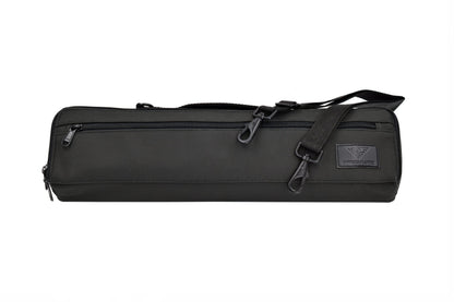 A black fleece lined Sankyo case cover for a flute with an adjustable shoulder strap and carry handle, displayed on a plain background.