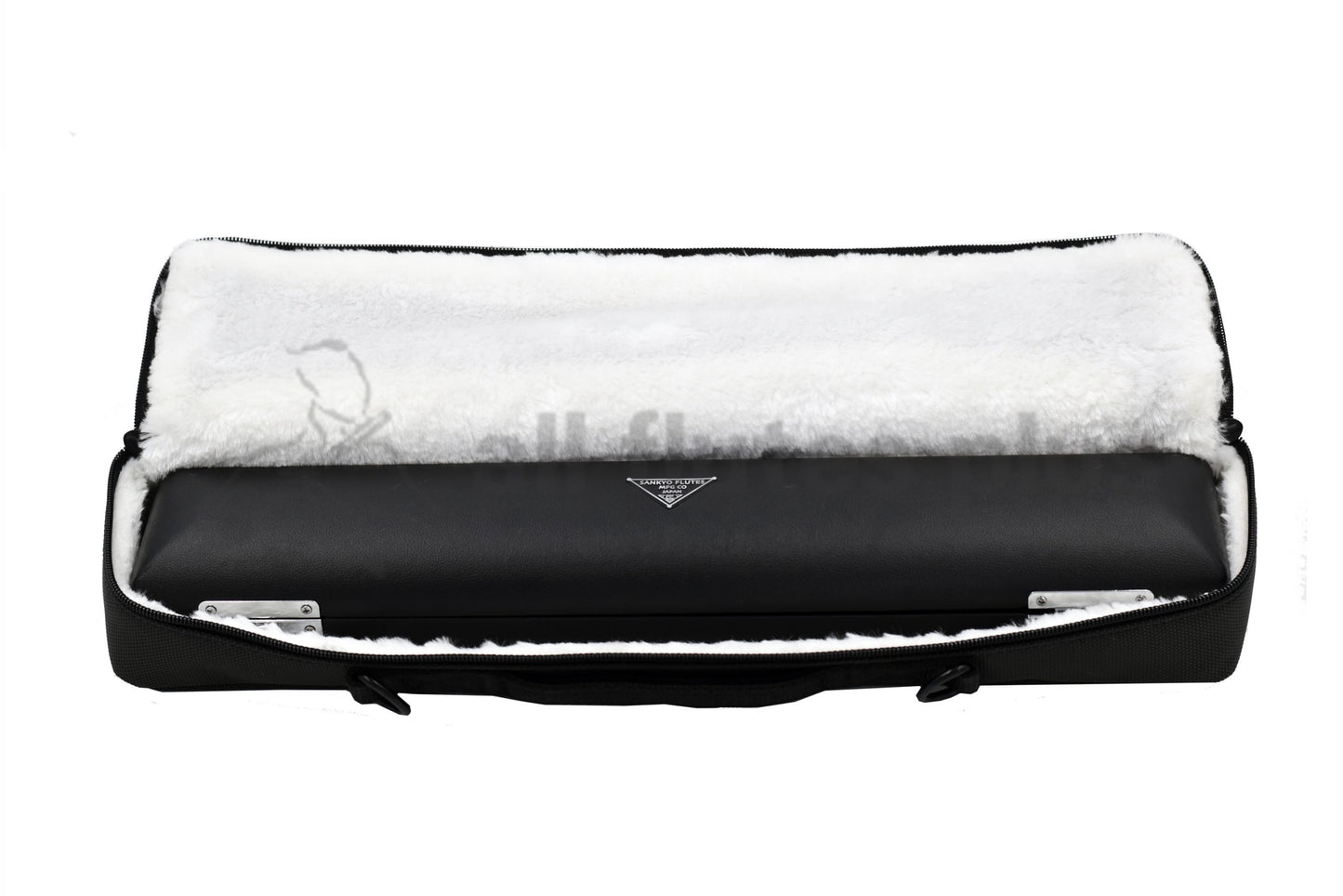 Closed Sankyo flute hard case displayed inside the open soft outer case with white fleece lined material inside 