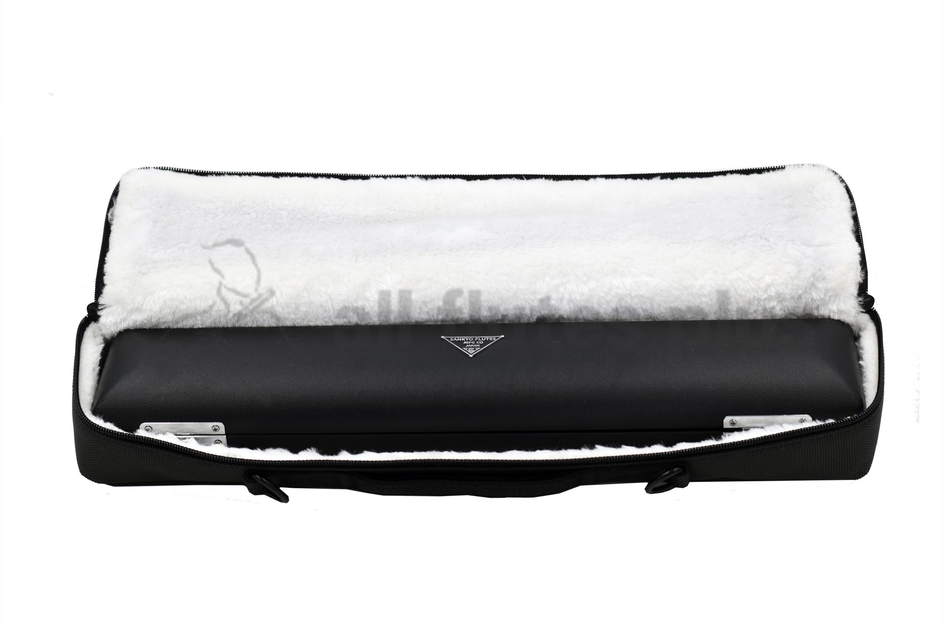 Closed Sankyo flute hard case displayed inside the open soft outer case with white fleece lined material inside 