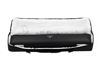 Closed Sankyo flute hard case displayed inside the open soft outer case with white fleece lined material inside 