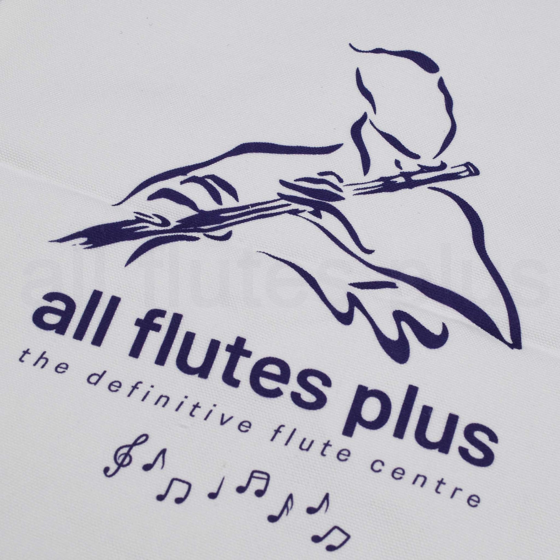 Logo of 'all flutes plus' with a silhouette of a person playing a flute on a light gray background.