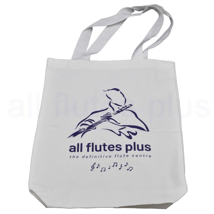 White tote bag with 'all flutes plus' logo and text on a white background