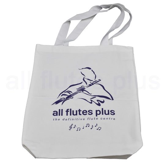 White tote bag with 'all flutes plus' logo and text on a white background